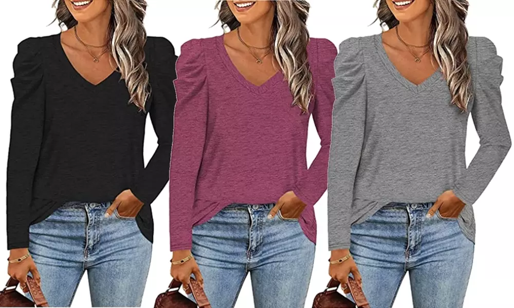 Women's Puff Long-Sleeve V-Neck Sweater Casual Tunic Tops - Primary Image
