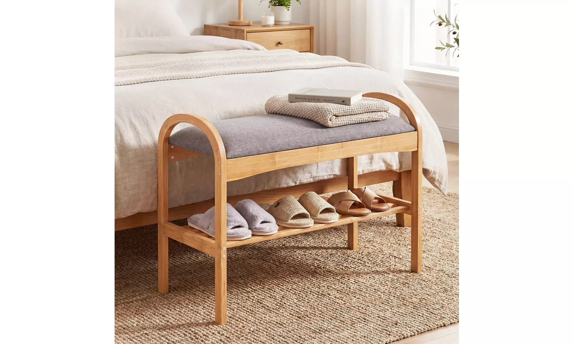 Costway Bamboo Entryway Shoe Bench 2-Tier Shoe Rack with Padded Seat Cushion