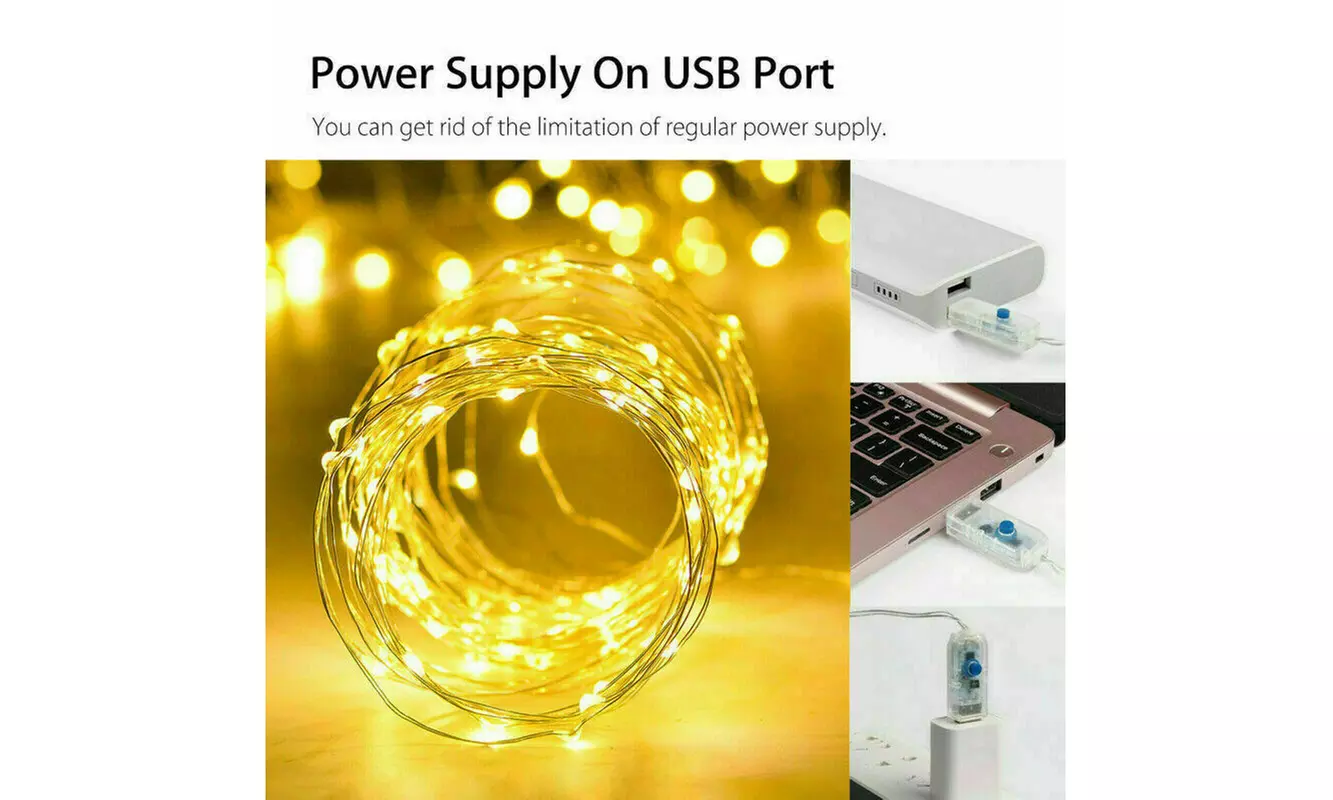 USB 2 Pack 100 White LED 8 Modes String Christmas Fairy Lights 