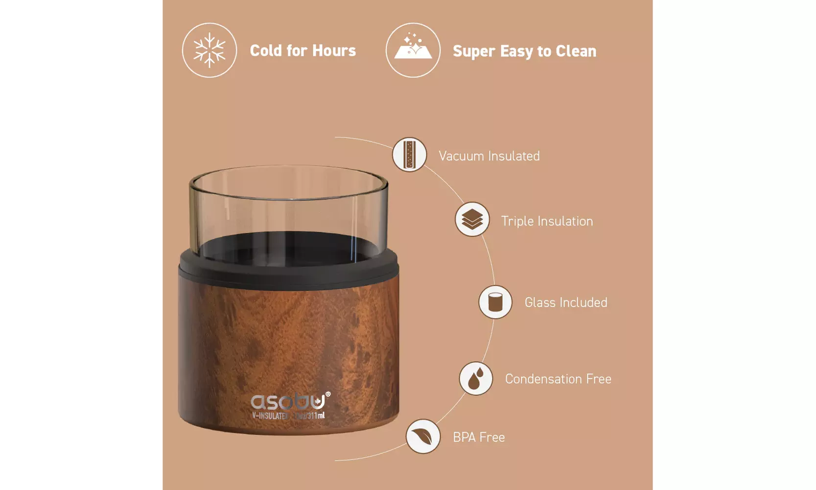 Asobu Whiskey Glass On-The-Rocks with Insulated Stainless Steel Sleeve