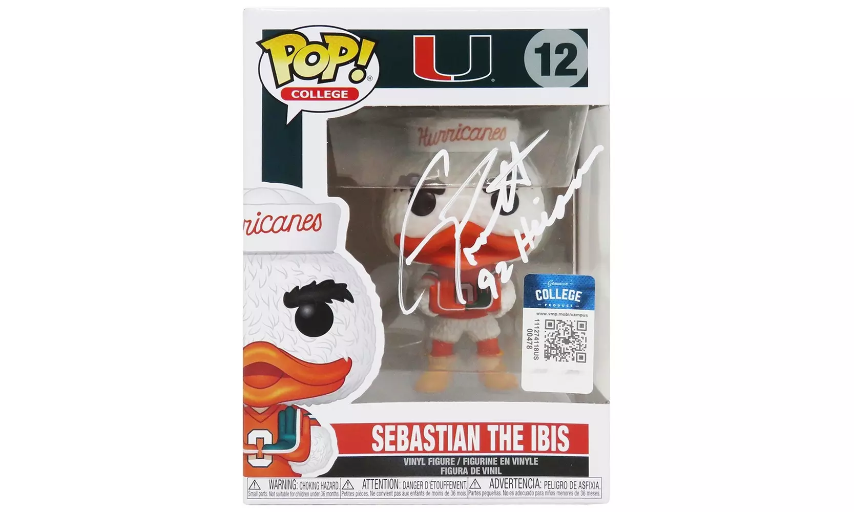 Gino Torretta Signed Miami Sebastian The Ibis Mascot Funko Pop #12 w/92 Heisman - Primary Image