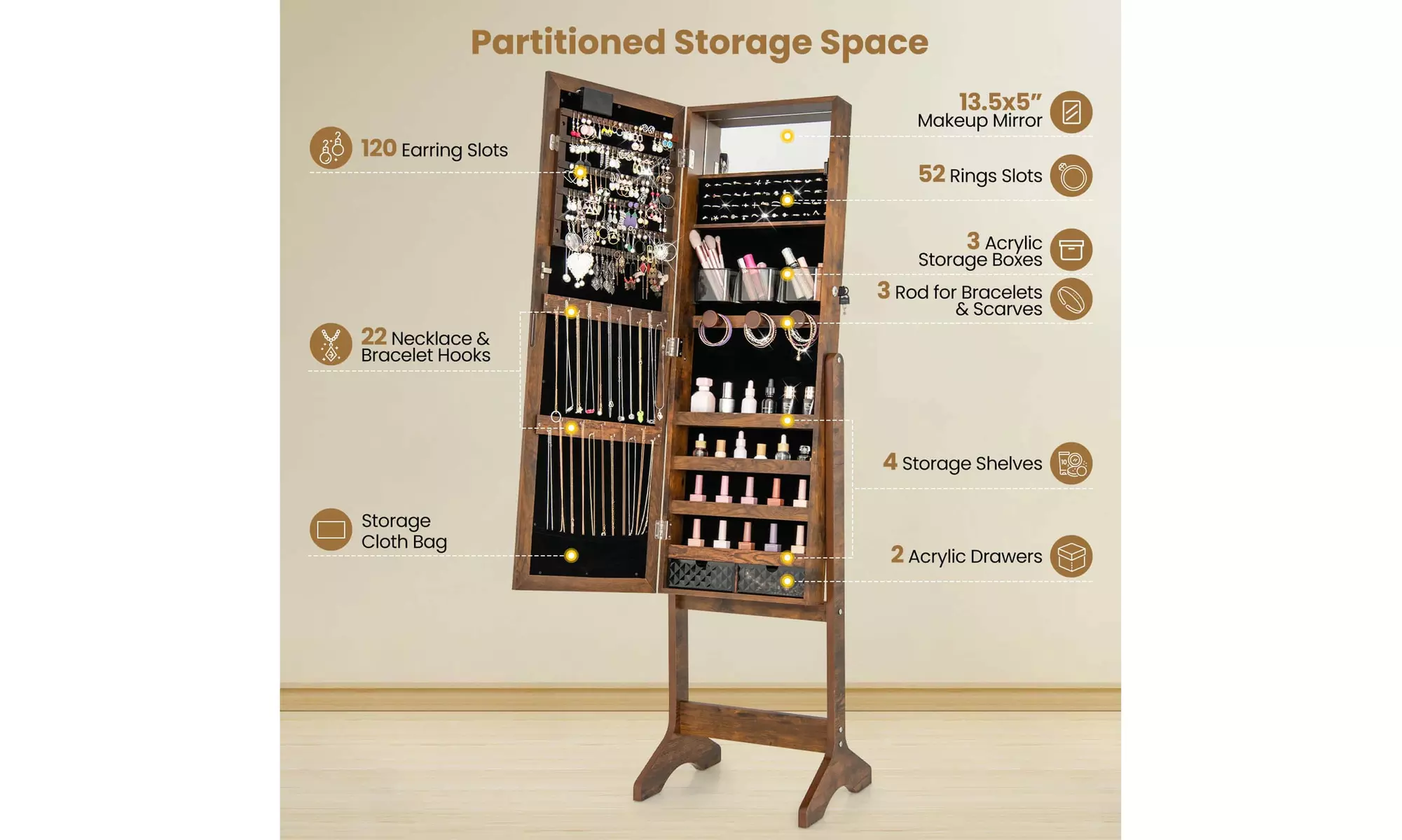 Costway Full-Length LED Mirror Jewelry Cabinet with 20 LED Lights