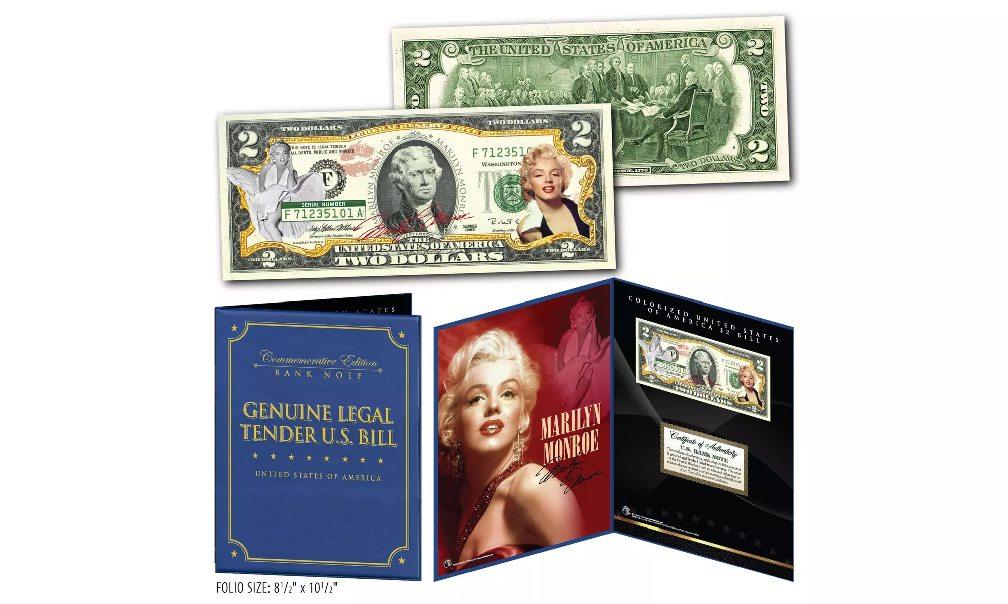 MARILYN MONROE Genuine U.S. Two-Dollar Bill in Large Collectors Folio Display 