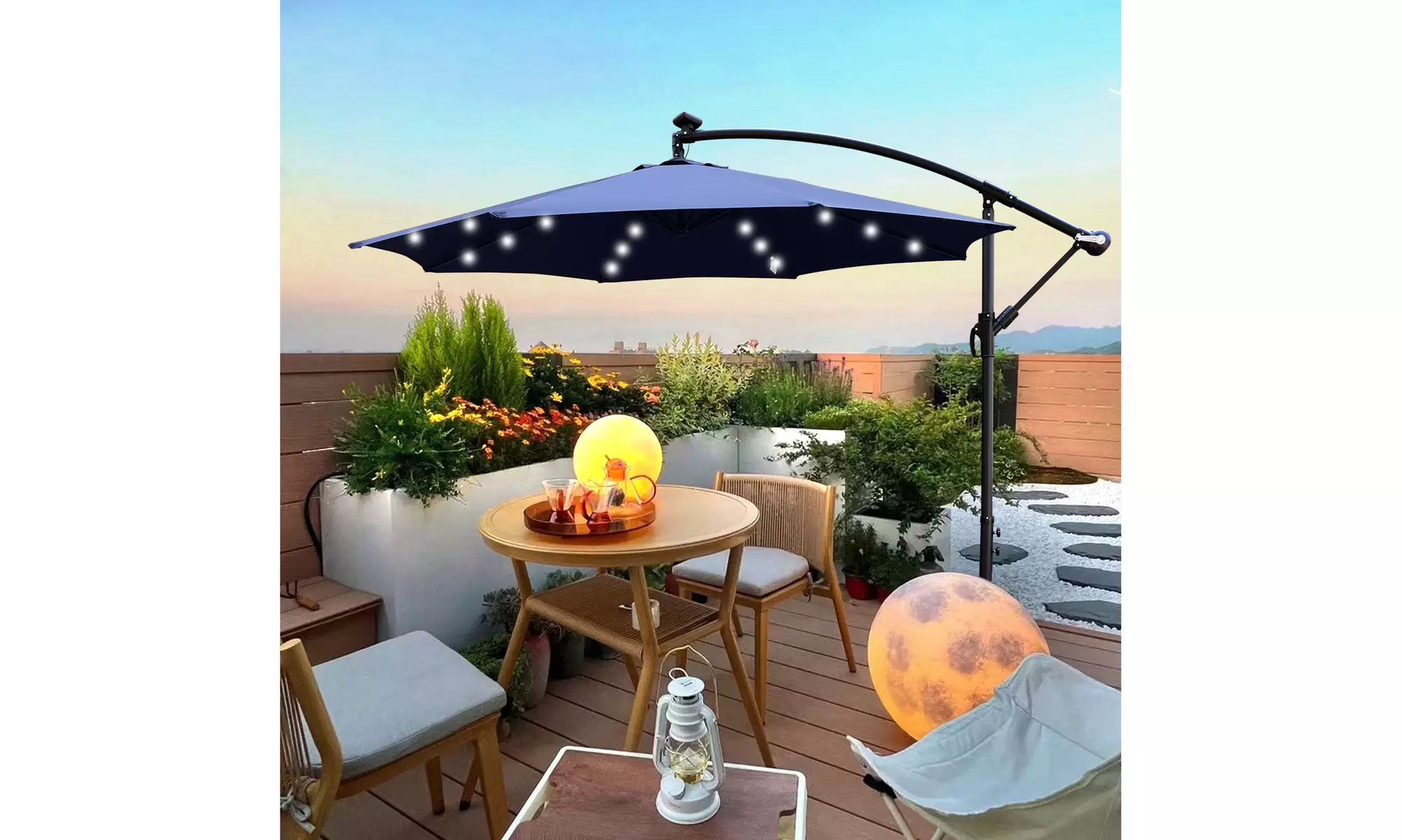 11 ft patio umbrella with solar lights WESTLAKE 10 Ft Solar powered LED Cantilever Offset Patio Umbrella, Royal  Blue