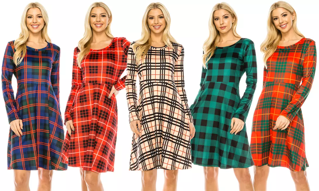 Haute Edition Women's Winter Plaid & Solid Long Sleeve Skater Party Dress - Primary Image