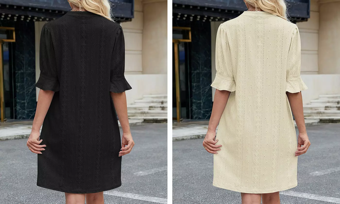 Women's V Neck Ruffled Half Sleeves Shift Dress Flowy Summer Beach Cover Up