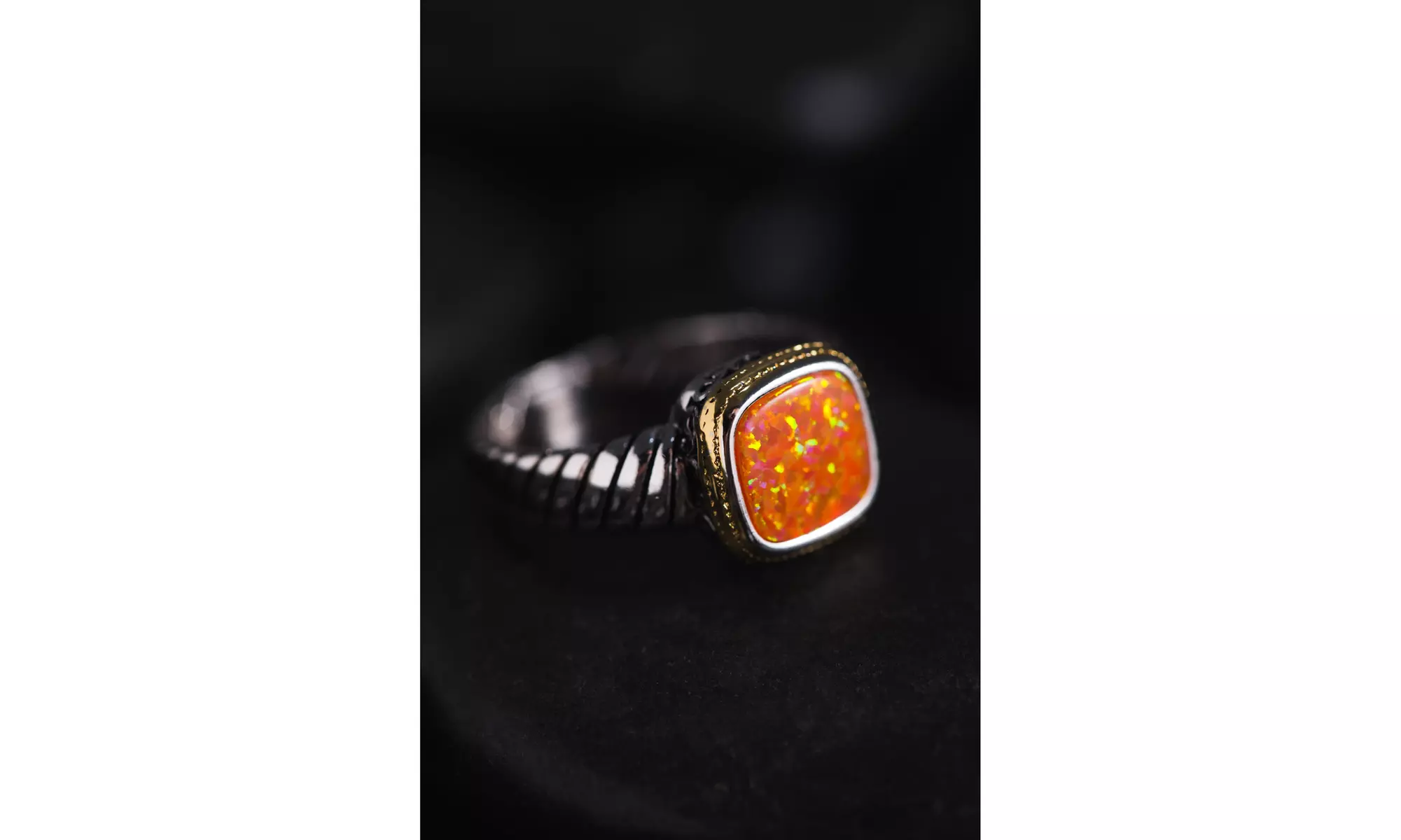 Rhodium Plated Mexican Fire Opal Engagement Ring