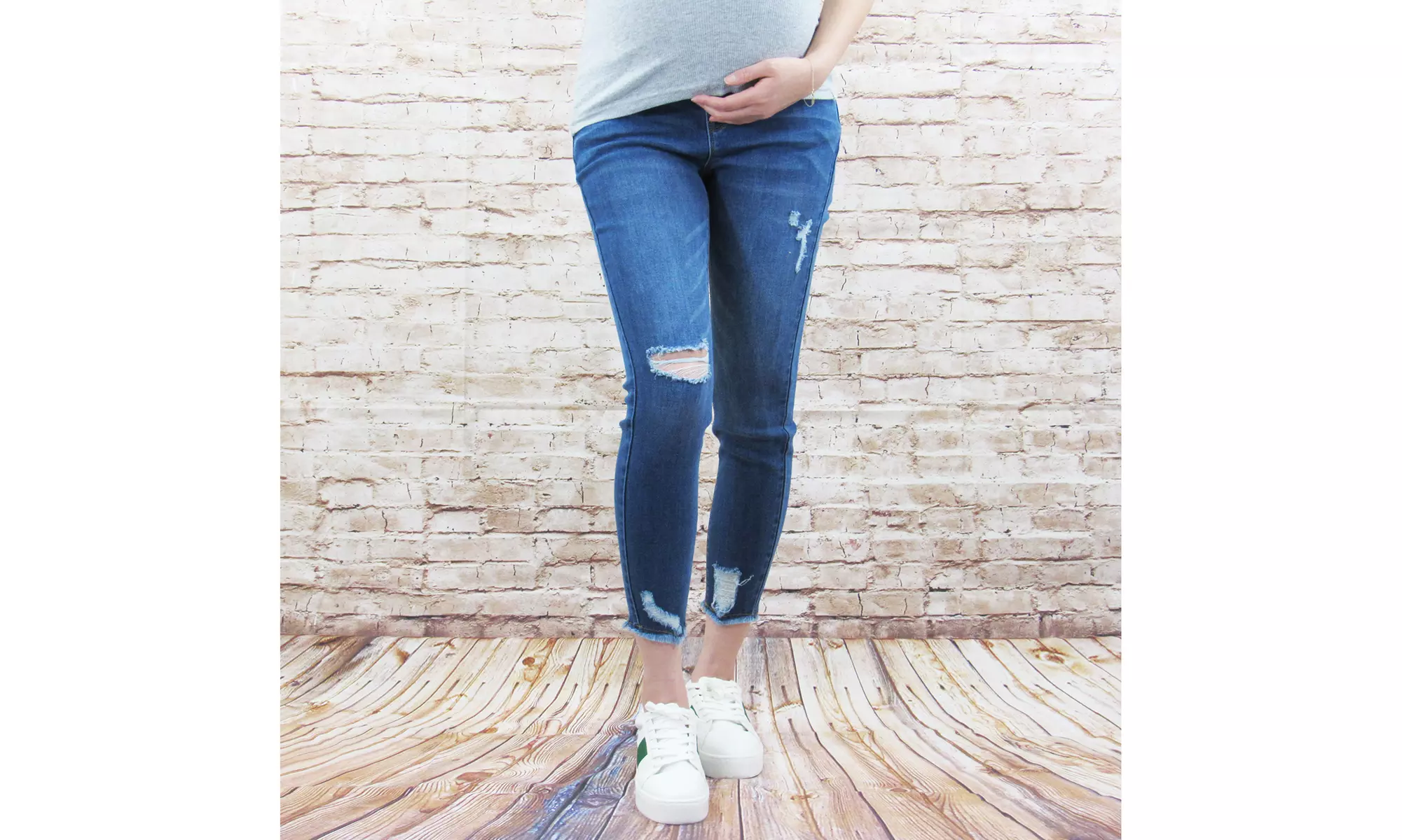 Jagged Hem Destructed Maternity Jean with Belly Band - Primary Image