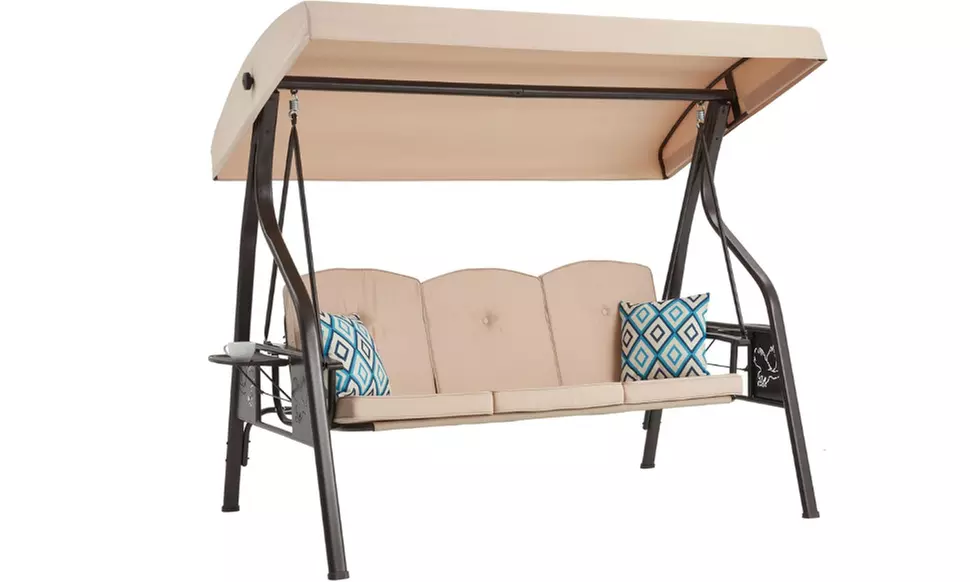 3-Seat Outdoor Porch Swing with Stand  with Canopy Pillows and Cup Holder