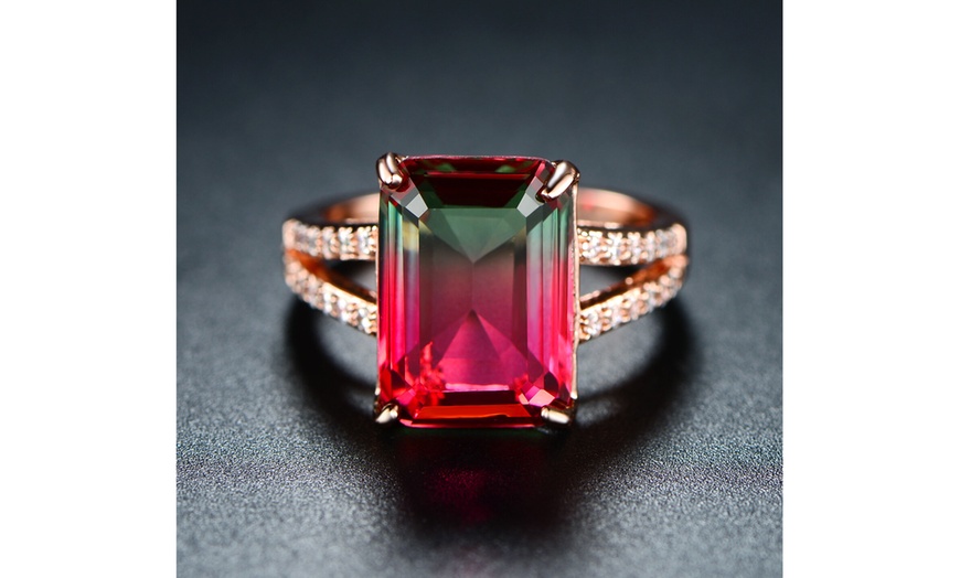 Image 3: Rose Gold Watermelon Tourmaline Emerald Cut Ring