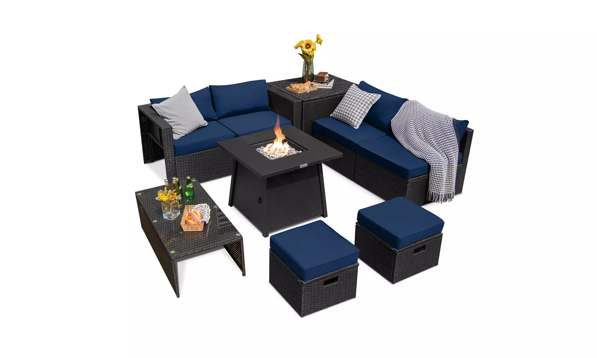 Costway 9PCS Patio Rattan Furniture Set Fire Pit Space-saving W/Cover  Cushion