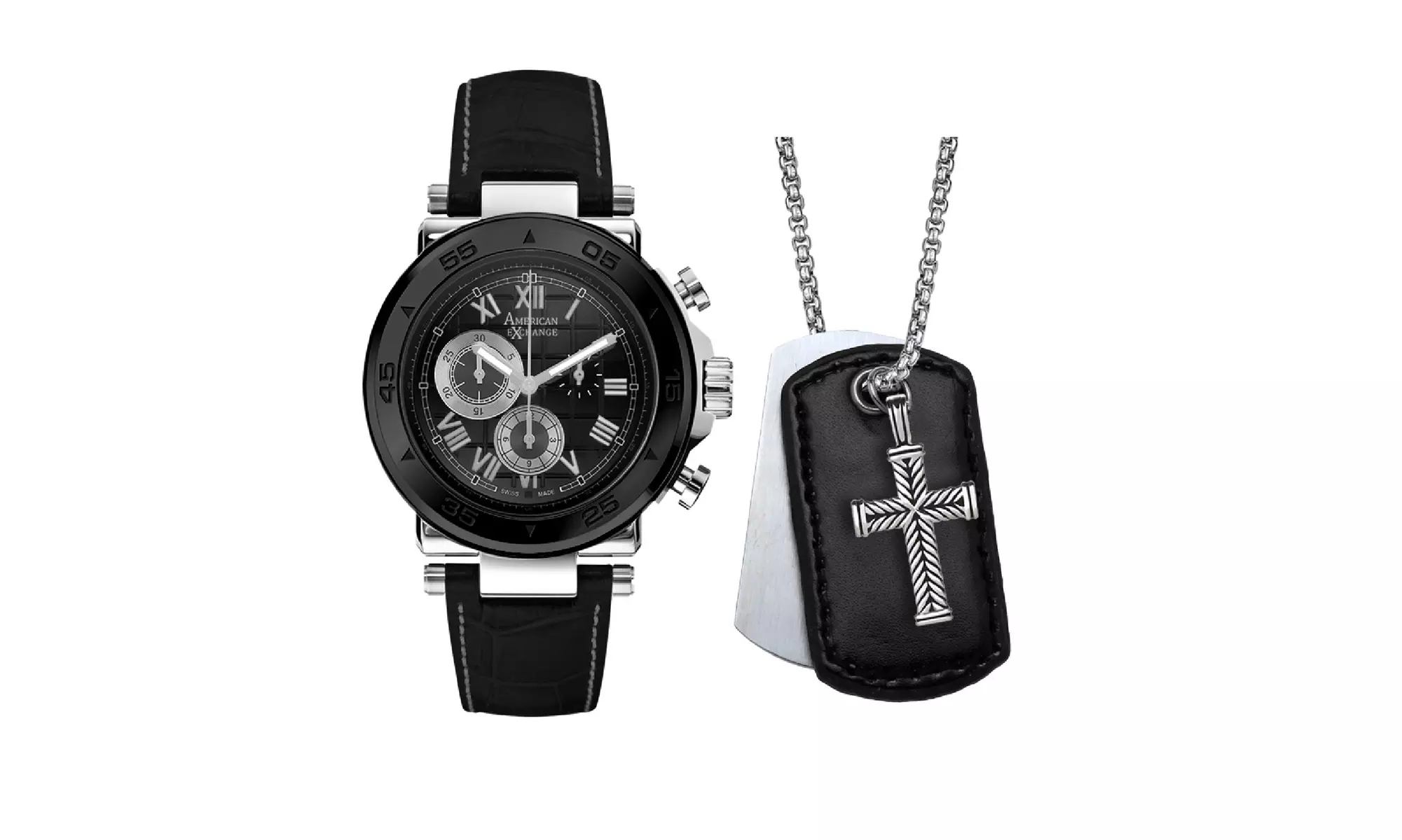 American Exchange Men's Black Analog Watch and Cross/ID Tag Pendant Necklace Set - Primary Image