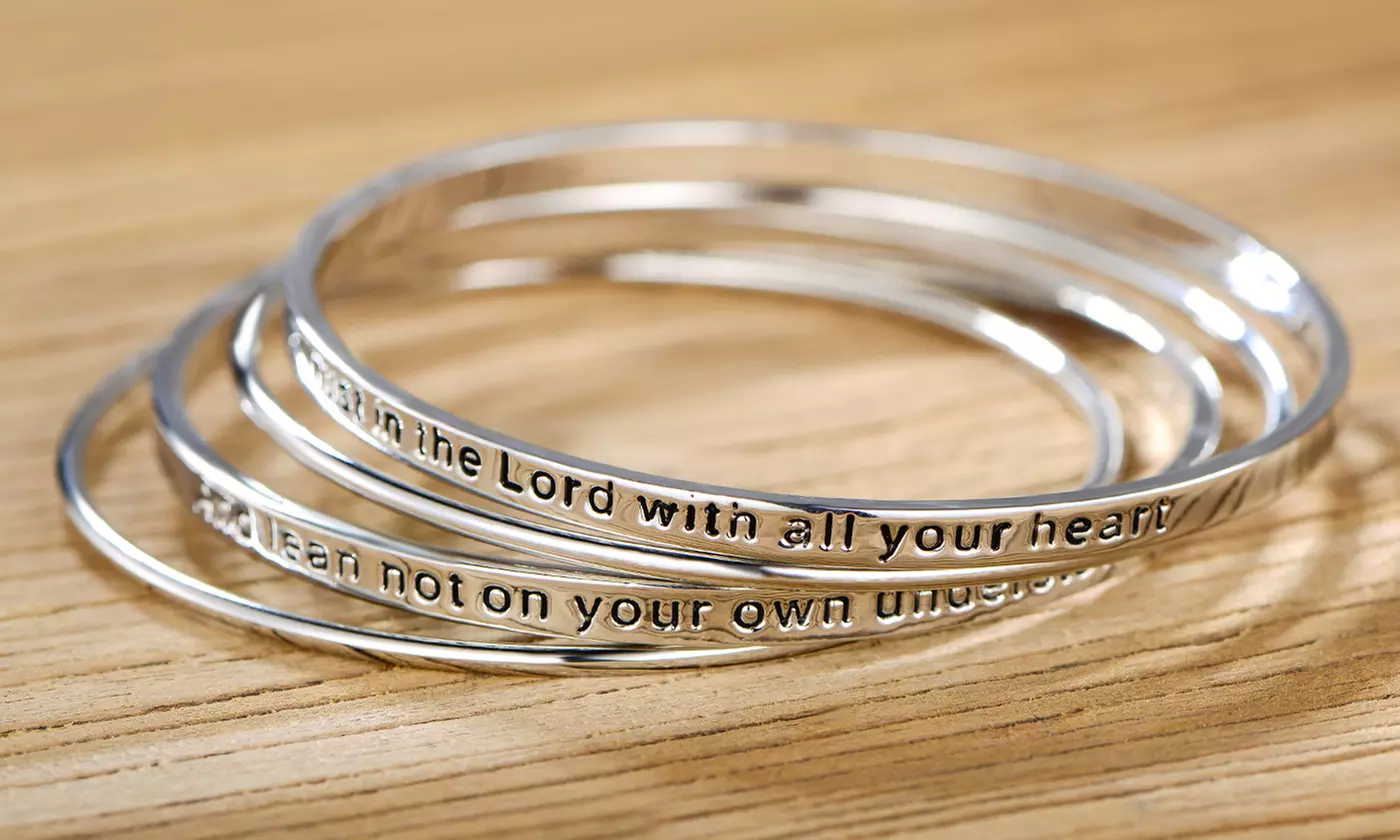 Rhodium Plated 'Trust in the Lord' Bangle Set - Primary Image