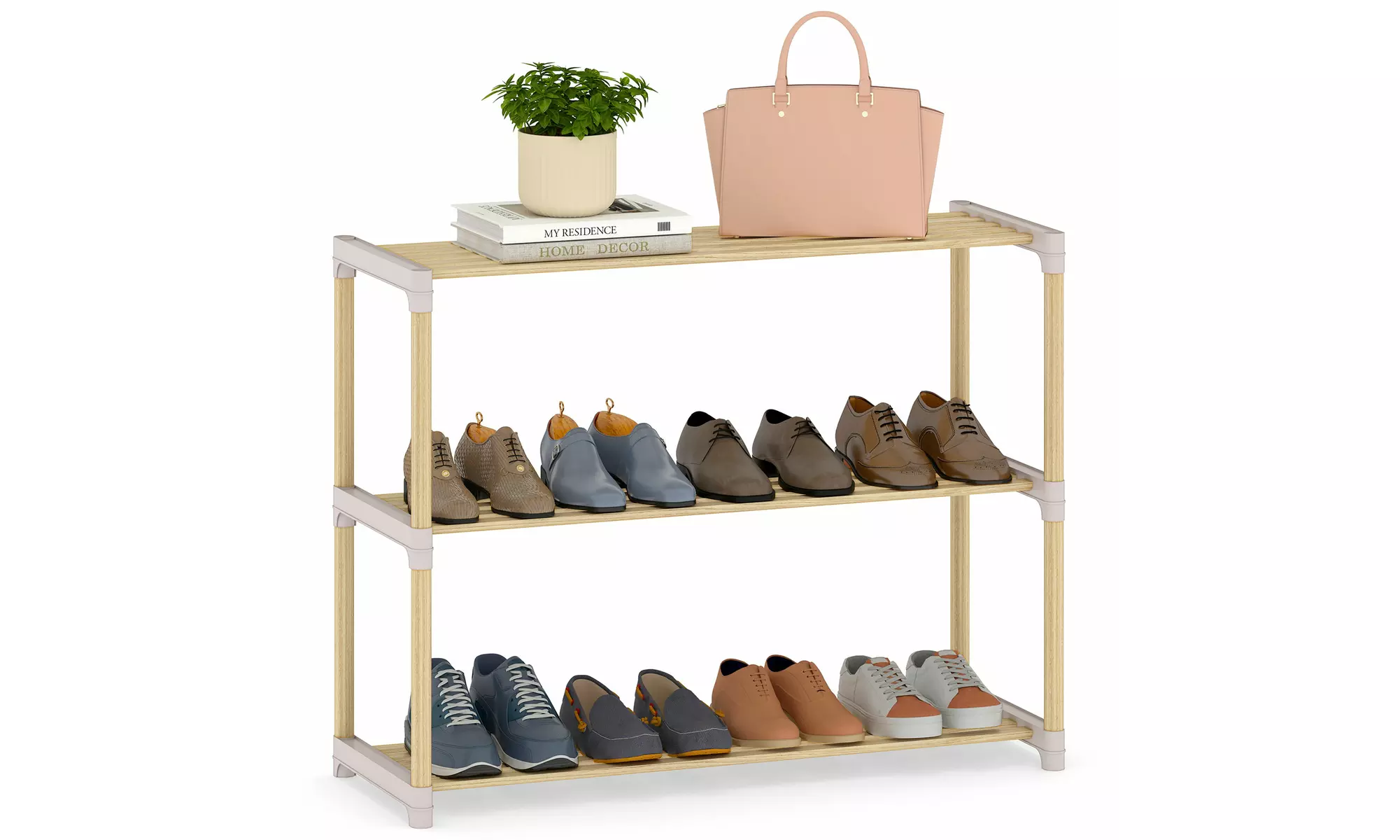 Costway Solid Wood Shoe Shelf Stand with Slatted Open Shelves for Entryway