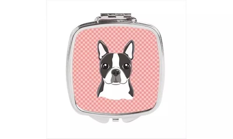Carolines Treasures BB1203SCM Checkerboard Pink Boston Terrier Compact Mirror - Primary Image
