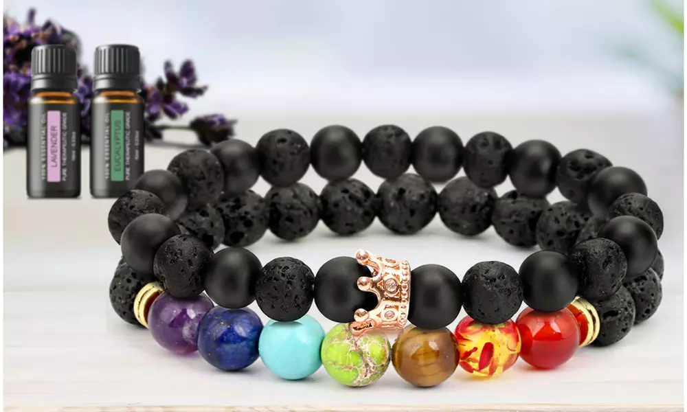 Set of 2: Lava Stone Chakra Diffuser Bracelet with Optional Essential Oils - Primary Image