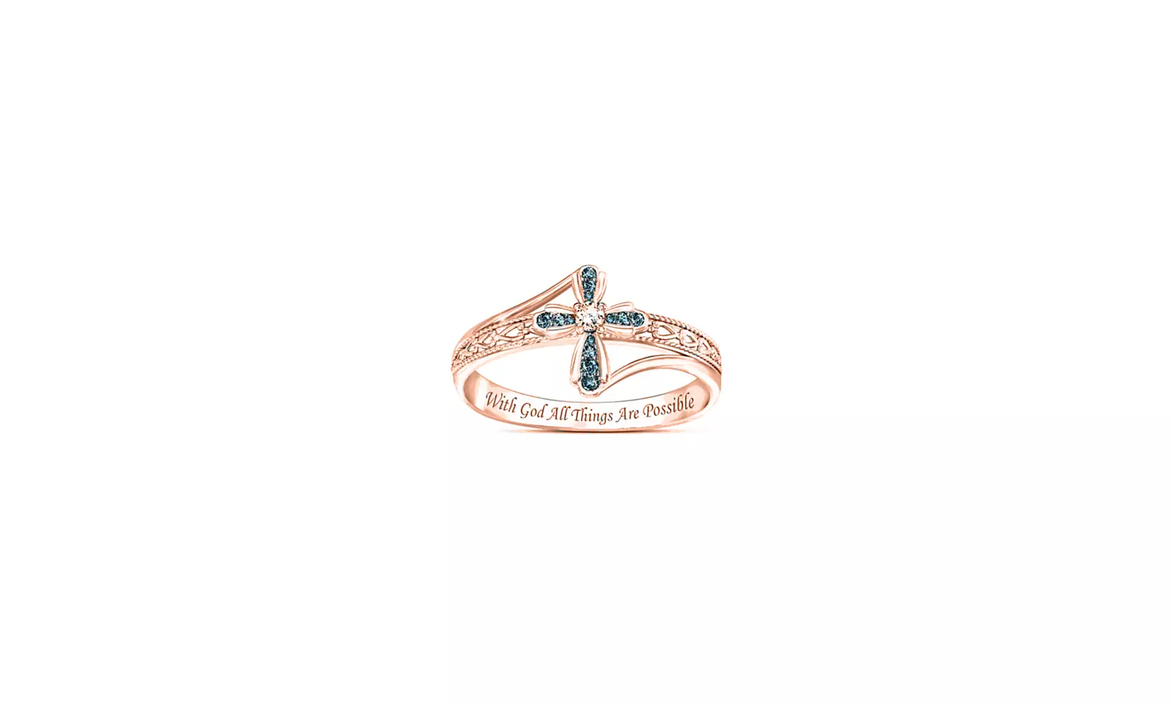 Sapphire Cross Engraved With God All Things Are Possible Ring