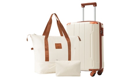 Hardshell Luggage Sets 3 Piece Carry-on Suitcases With Wheels (20in) White Brown