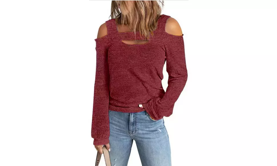 Womens Cold Shoulder Long Sleeve Hallow Out Pullover T-Shirt Tops Blouse Tunic