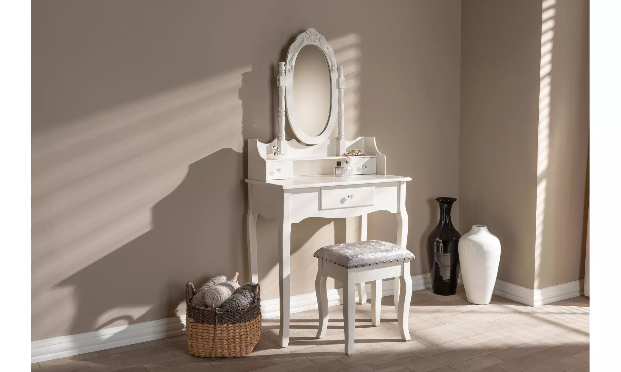 Gretta White French Provincial Style Vintage Vanity Dressing Table and Stool Set - Primary Image