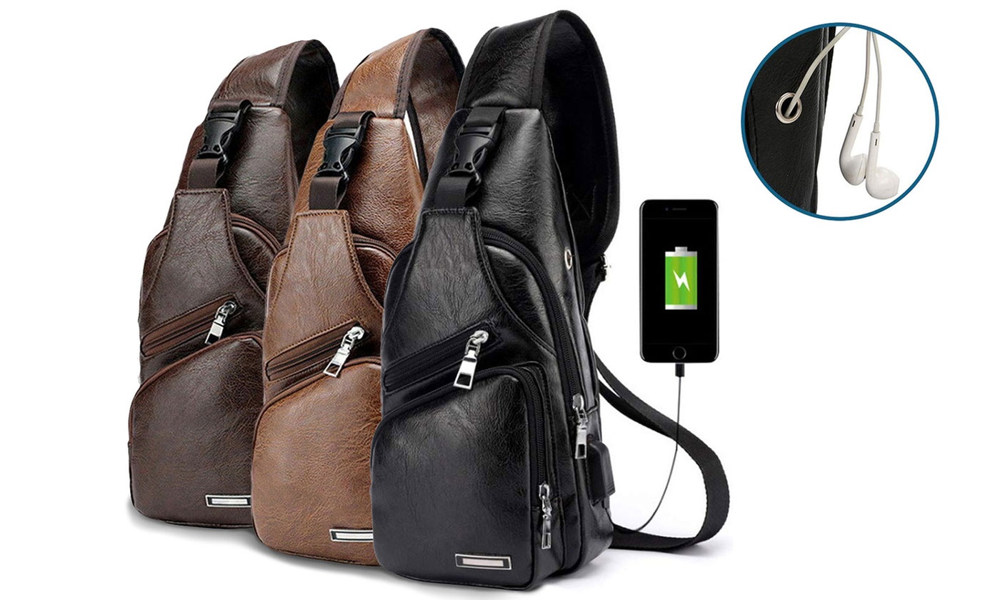 Men Women Sling Chest Bag Leather Shoulder Cross-body Pack With USB Port