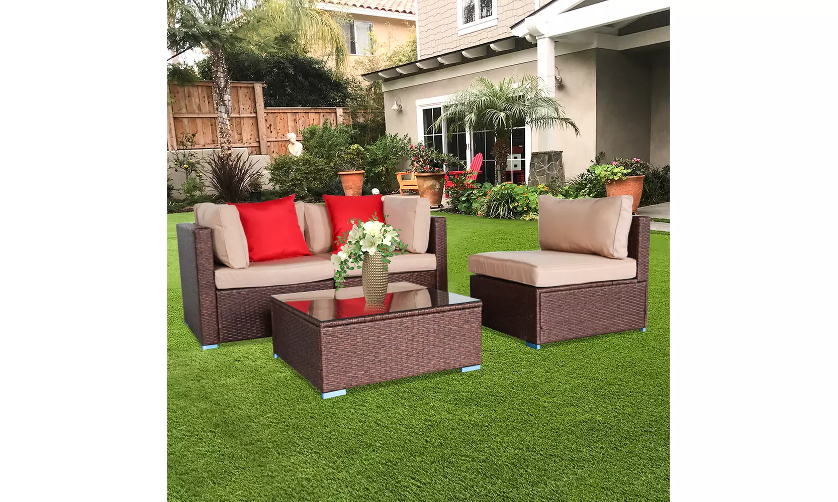 4 Pieces Wood Grain Patio PE Wicker Rattan Corner Sofa Armless Sofa Set w/Tables - Primary Image