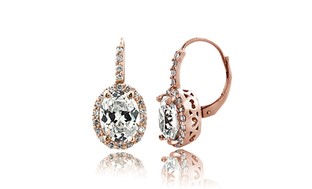 Rose Gold Tone 4ct CZ Oval Halo Leverback Earrings