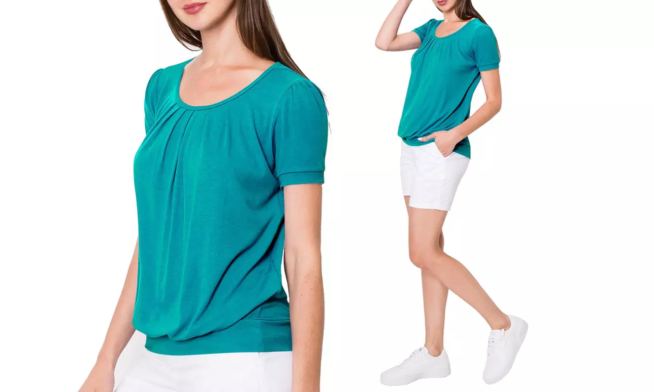 Made by Johnny Women's Scoop Neck Short Sleeve Front Pleated Blouse