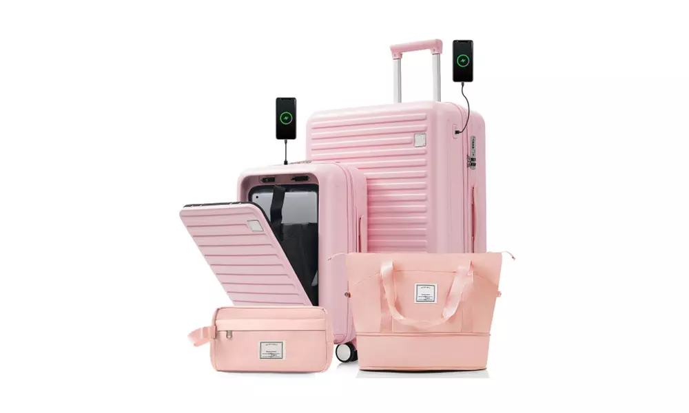 4-Piece Luggage Set with USB Charging Ports - 20in Carry-On (Front-Opening) 28in