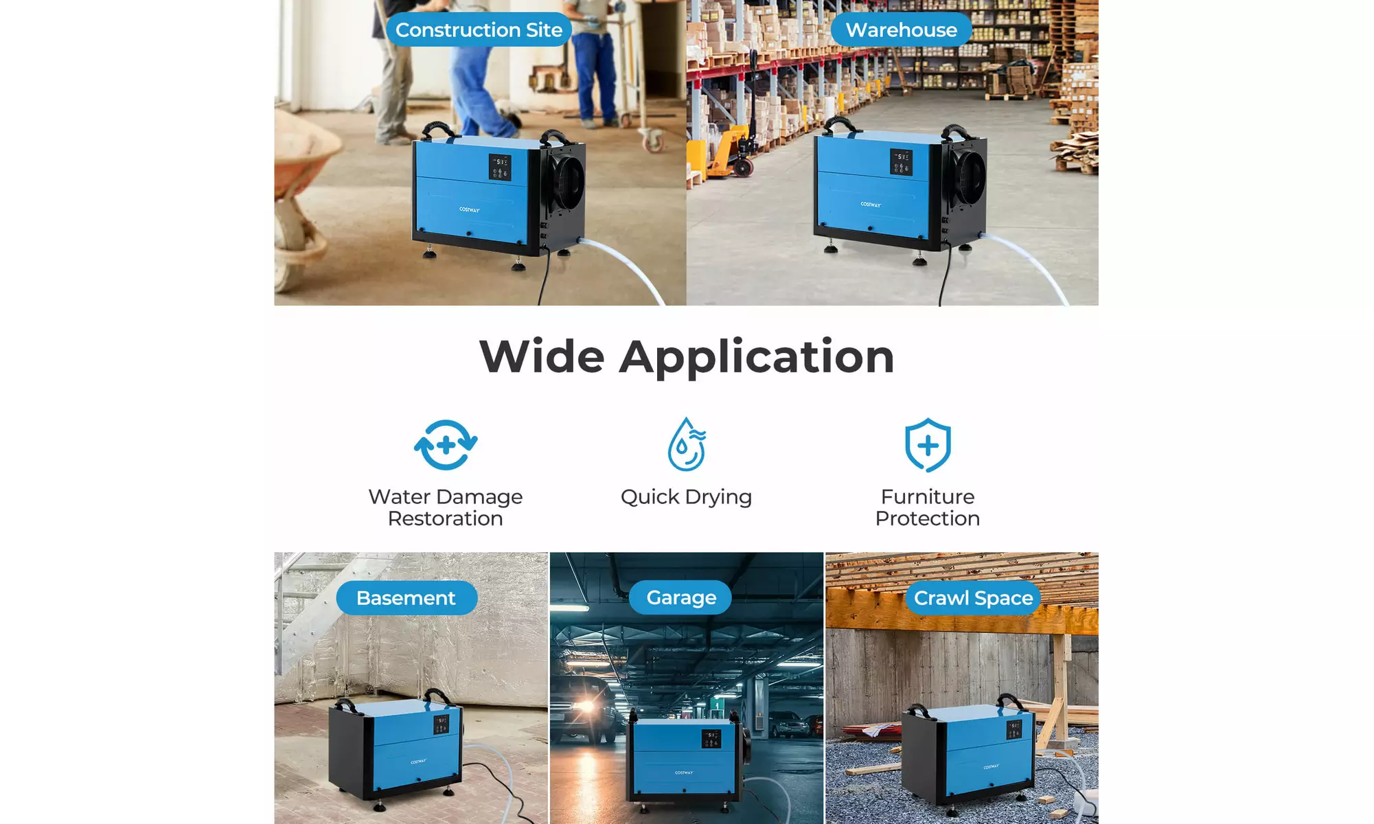 Costway Crawl Space Dehumidifier Commercial Dehumidifier w/ 3 Modes & 24H Timer
