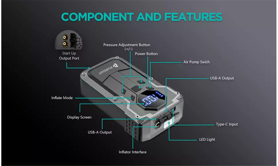 Pursuit Portable Car Jump Starter with 150PSI Air Compressor 12V Battery Booster