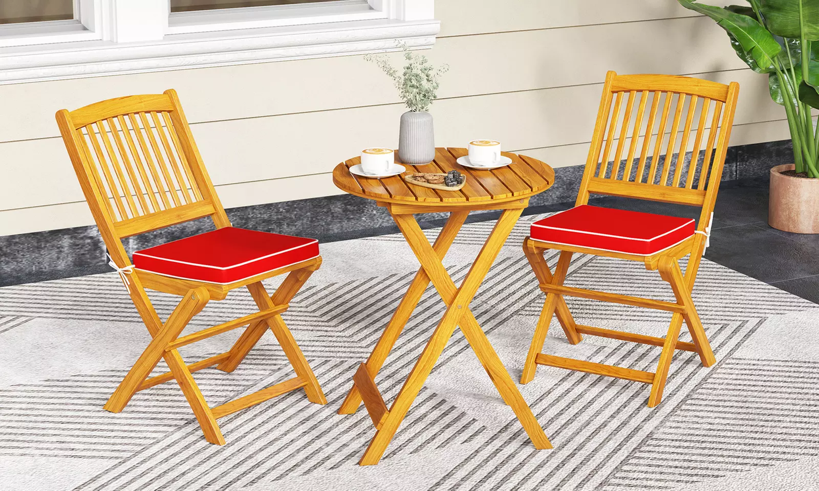Costway Outdoor Folding Chairs Acacia Wood High-Back Chair with Seat Cushions