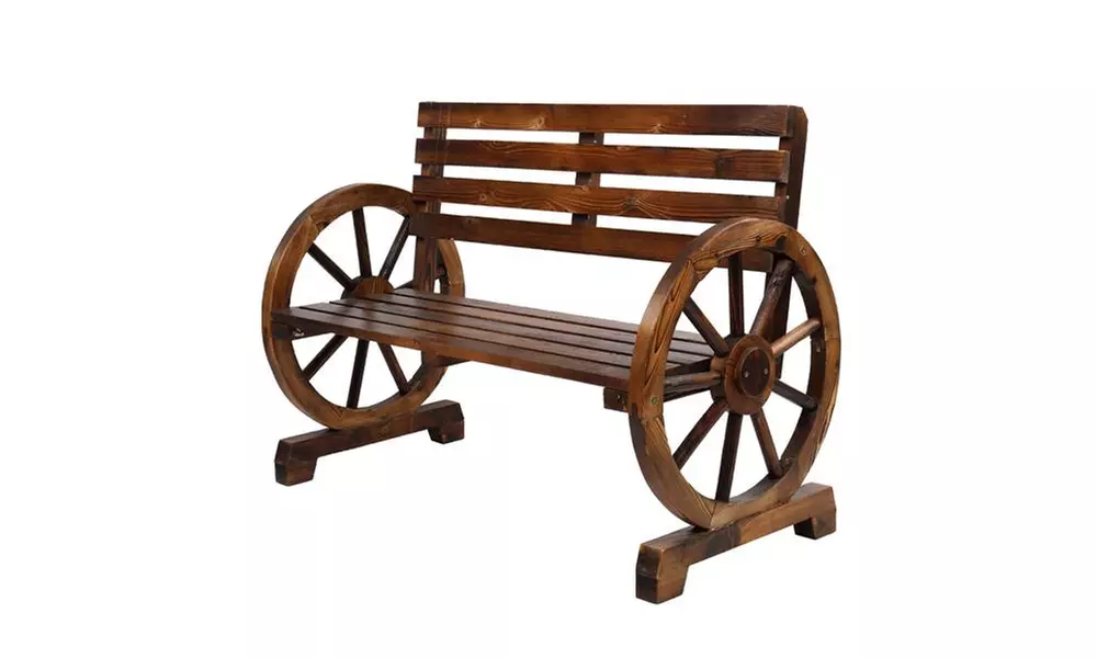  Wooden Wagon Wheel Bench with Slatted Seat and Backrest - Primary Image