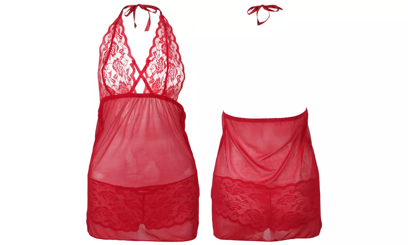Women Babydoll Chemises Halter Teddy V Neck Lace Nightgown