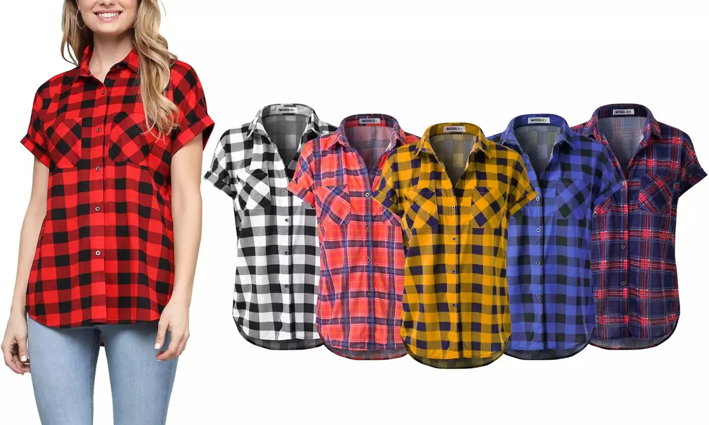 Doublju Women's Short Sleeve Plaid Flannel Shirts with Plus Size - Primary Image