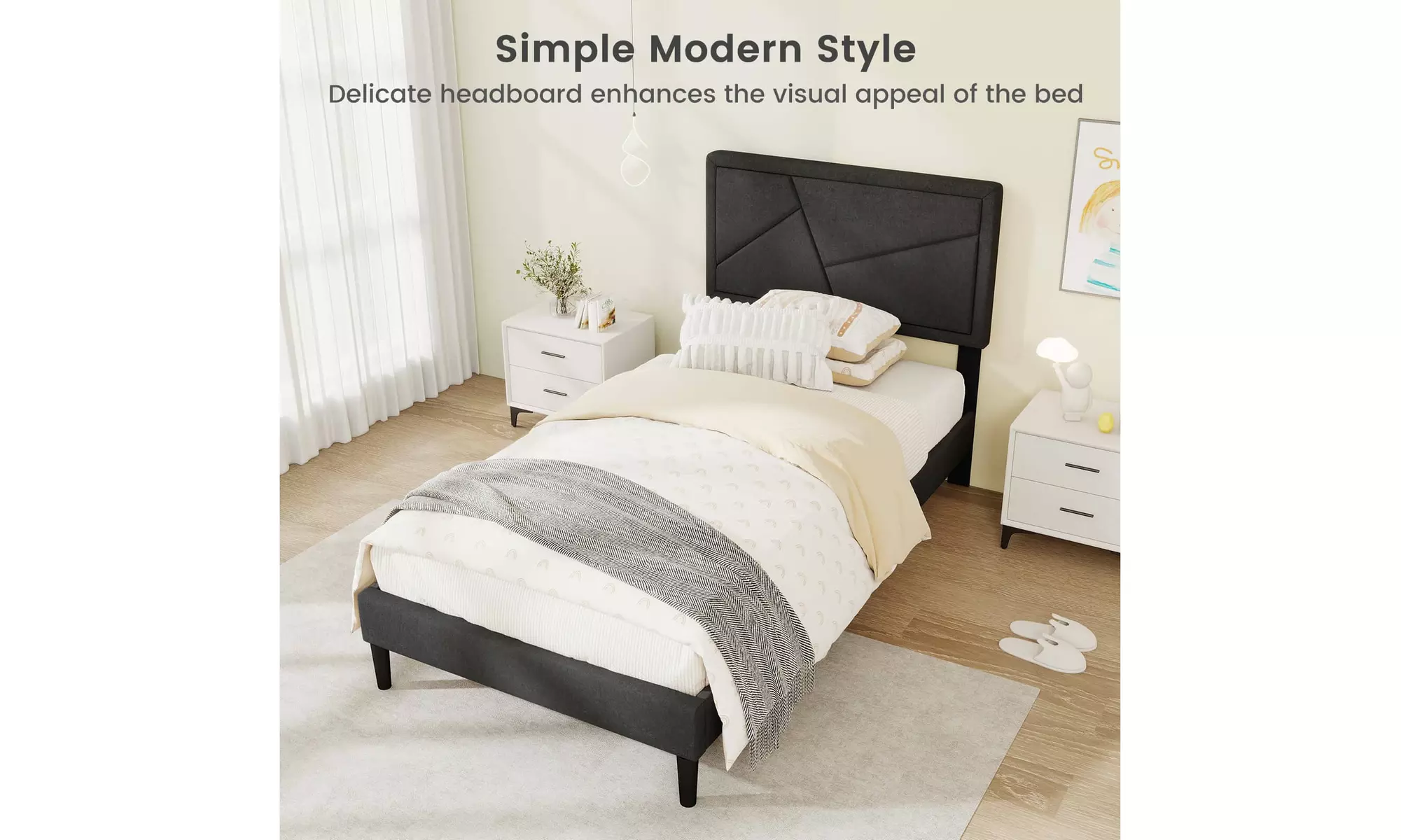 Costway Bed Frame with High Headboard and Wooden Slats