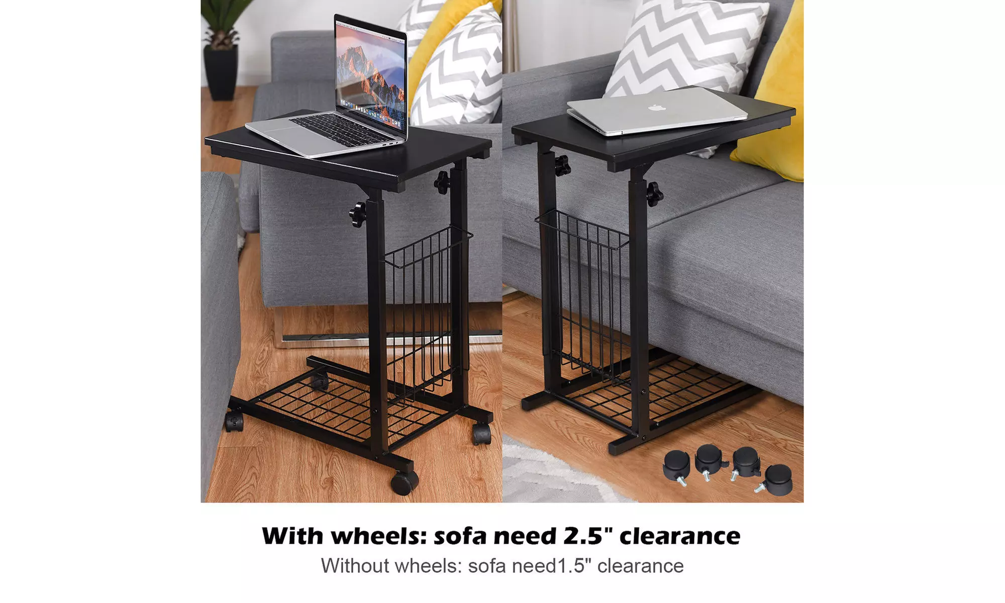 Height Adjustable Sofa Side Table Snack End Slide Under Table Rolling Casters - Second Medium