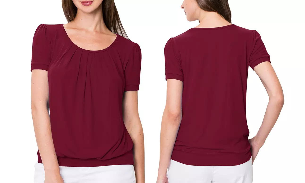 Made by Johnny Women's Scoop Neck Short Sleeve Front Pleated Blouse