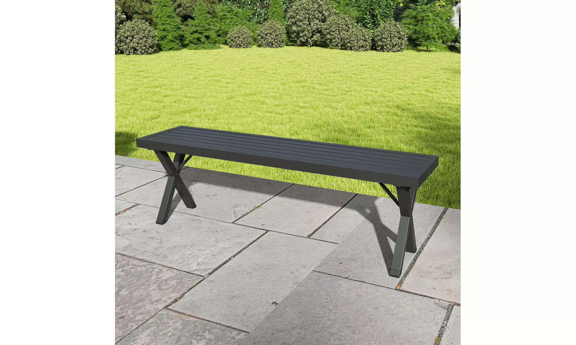 Costway 54 Inch Patio Metal Bench with Slatted Seat and X Legs Backless Loveseat
