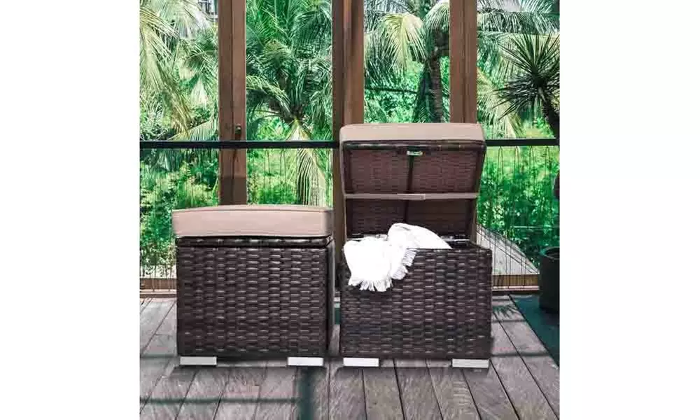 2 Pieces Outdoor Ottoman Patio Foot Rest PE Rattan Foot Stool with Storage