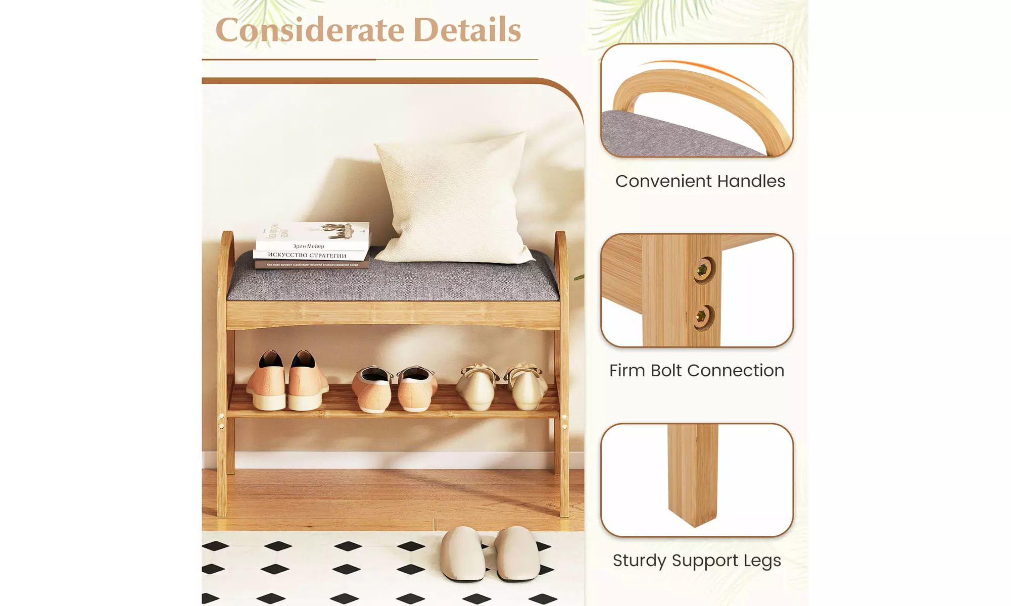 Costway Bamboo Entryway Shoe Bench 2-Tier Shoe Rack with Padded Seat Cushion