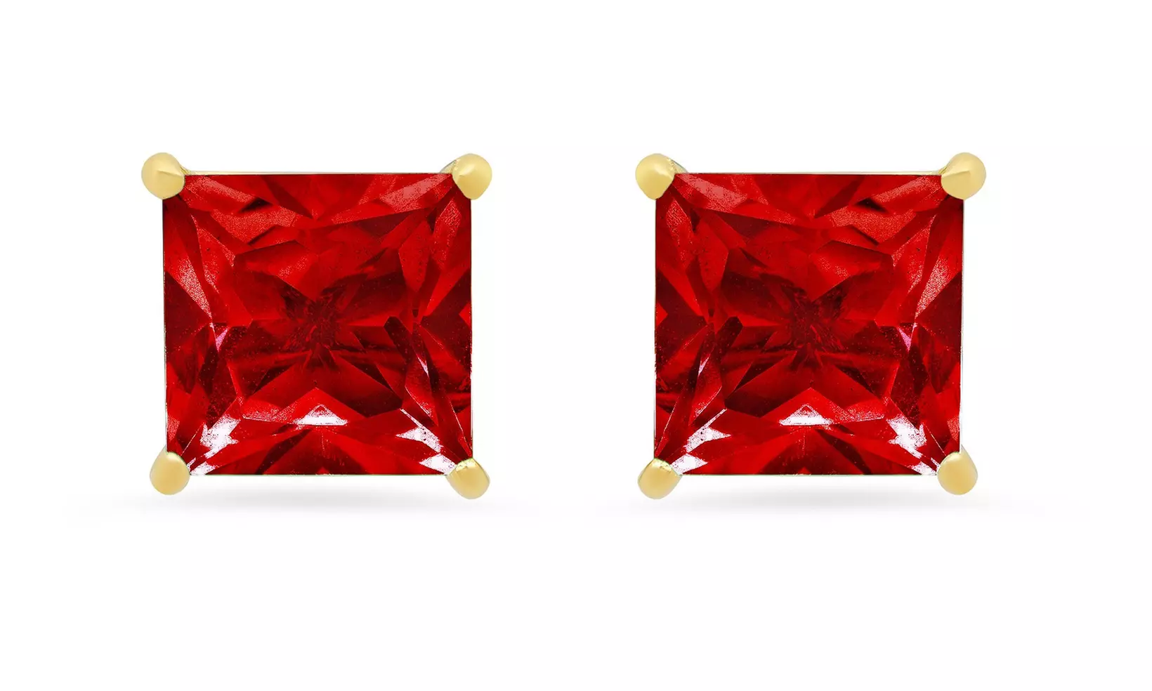 24k Yellow Gold Plated 2 Cttw Ruby Princess Cut Stud Earrings - Primary Image