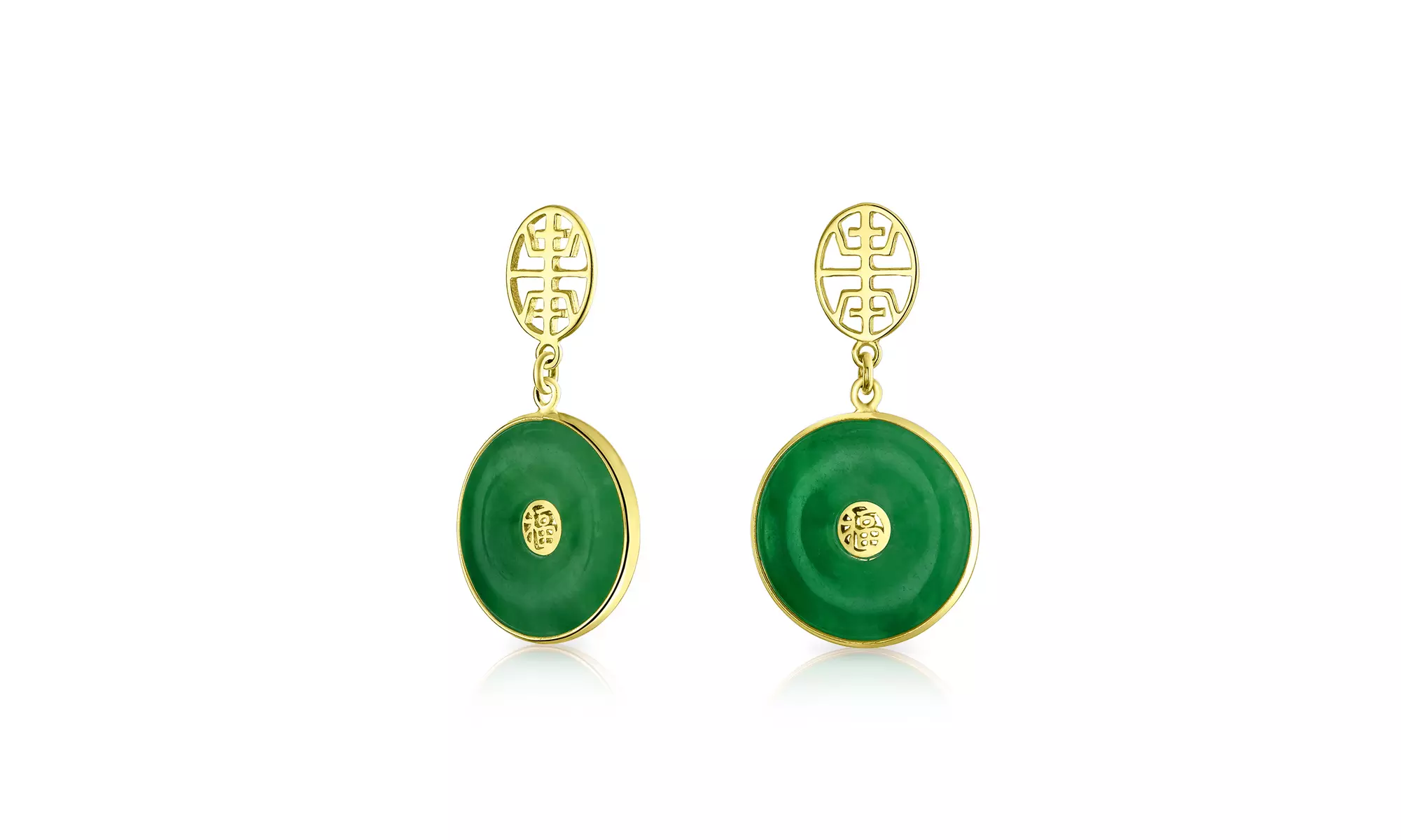 Asian Good Fortune Symbol Green Jade Drop Earrings Gold Plated Silver - Primary Image
