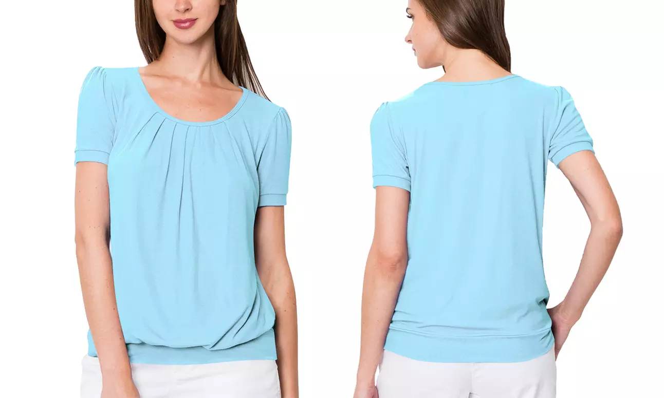 Made by Johnny Women's Scoop Neck Short Sleeve Front Pleated Blouse