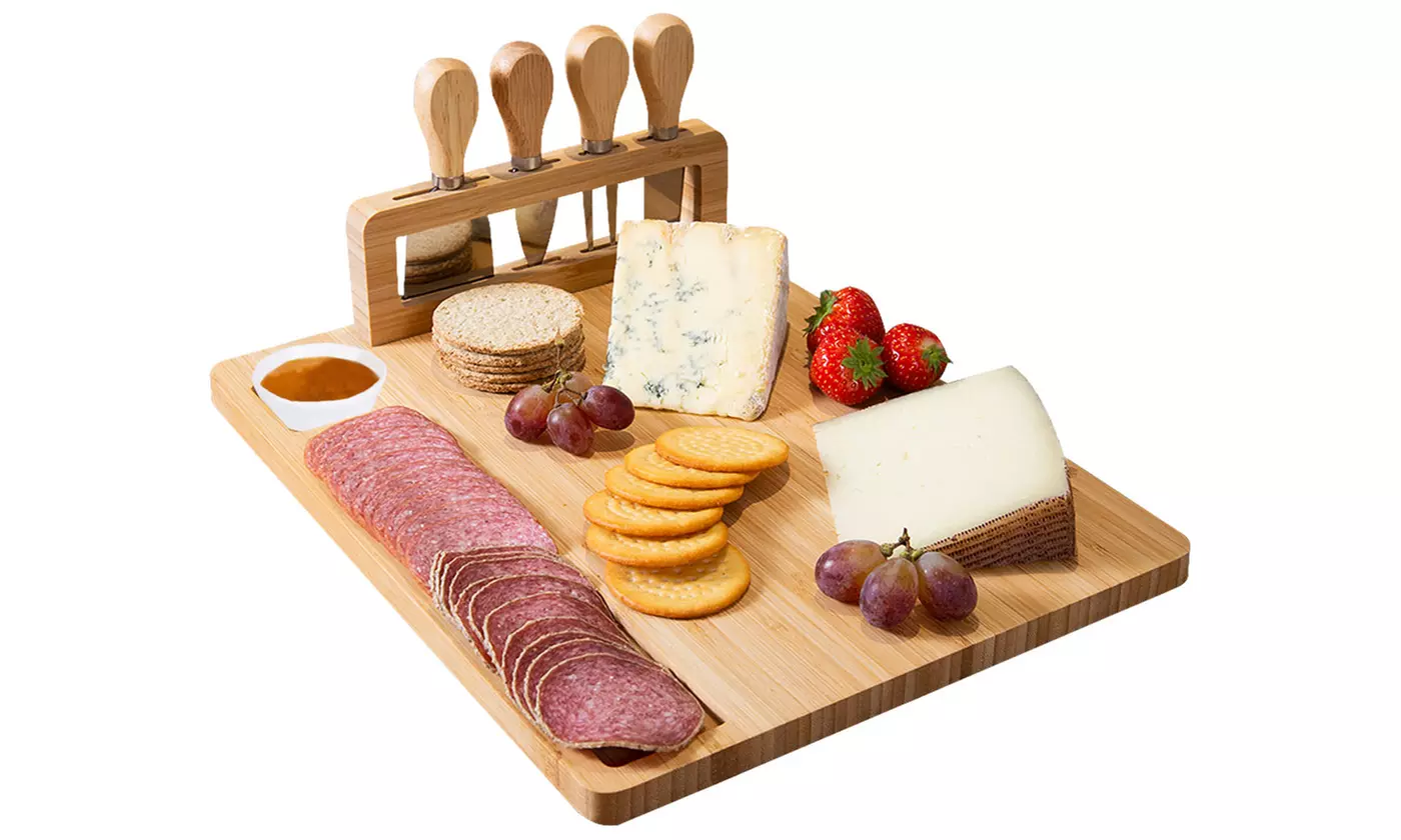 NewHome Bamboo Cheese Board & Charcuterie Platter Set w/ Knife Holder & Cutlery