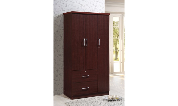 Hodedah 3 Door Armoire With 2 Drawers Clothing Rod And 3 Shelves In Mahogany Groupon