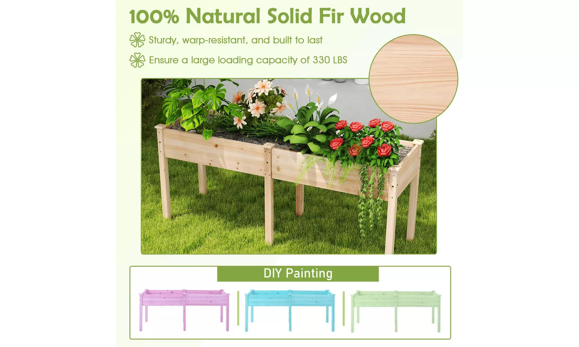 Costway Outdoor Raised Garden Bed with Legs Wood Planter Box with Divider Panel