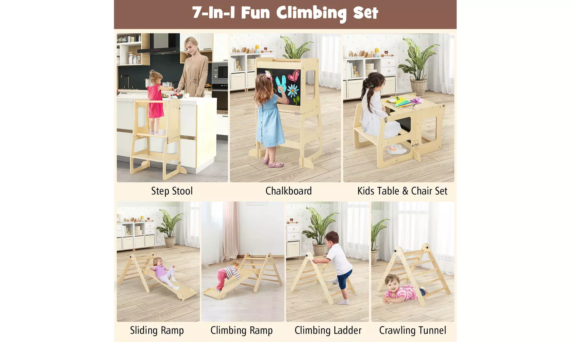 7-in-1 Toddler Climbing Toy Set w/ Reversible Ramp Convertible Step Stool