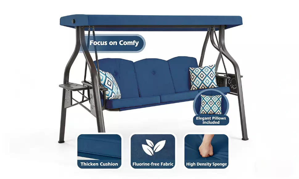 3-Seat Outdoor Porch Swing with Stand  with Canopy Pillows and Cup Holder