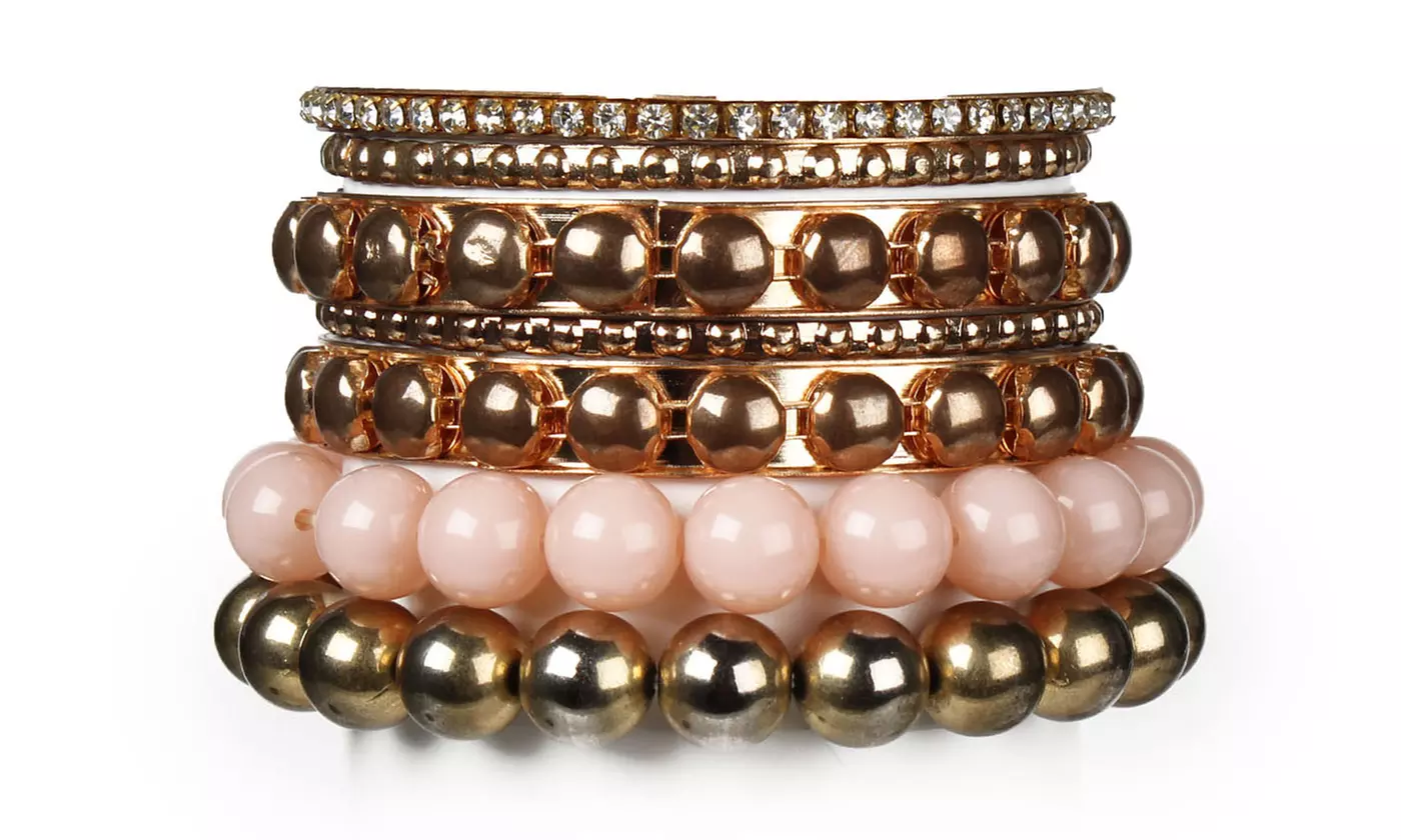 Retro Burnished Gold Inlaid Rhinestones Bangle Bracelet Set (7-Piece)